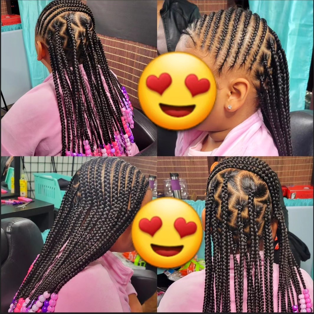 Kids knotless braids with pink beads