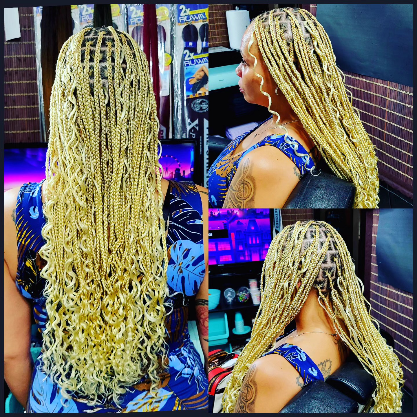 Blonde bohemian knotless braids, three angles