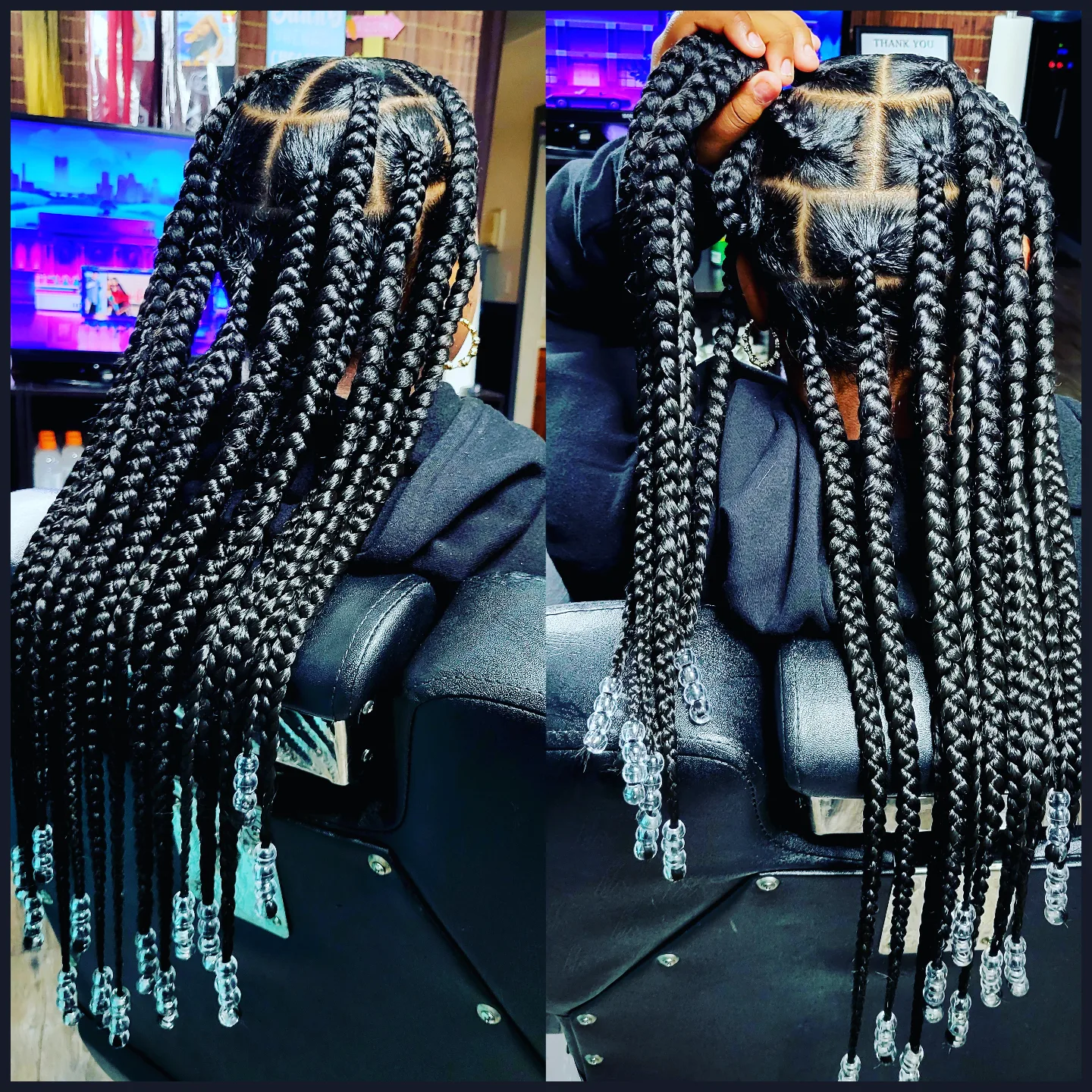 Jumbo knotless braids with clear beads